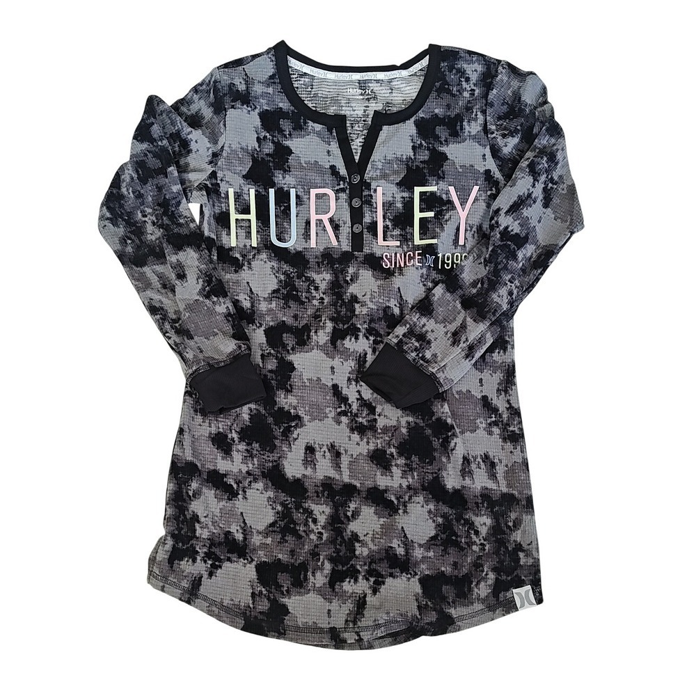 Women Hurley Black & Gray Tie-Dye Thermal Henley Shirt Pull Over Small